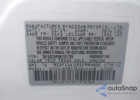 2019 Nissan Sentra S из США, поврежденный, VIN 3N1AB7AP8KY291765